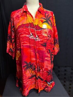 Red Tropical Button-Down Shirt with Sunset Palm Print